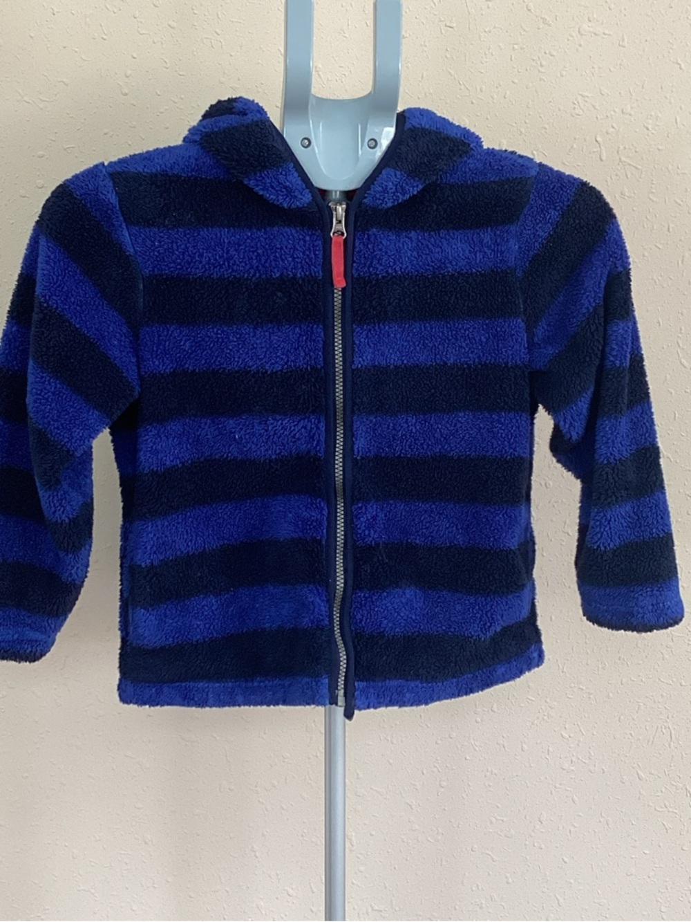 Hanna Andersson Blue Striped Sherpa Jacket w/ Gray Hoodie with Red Trim